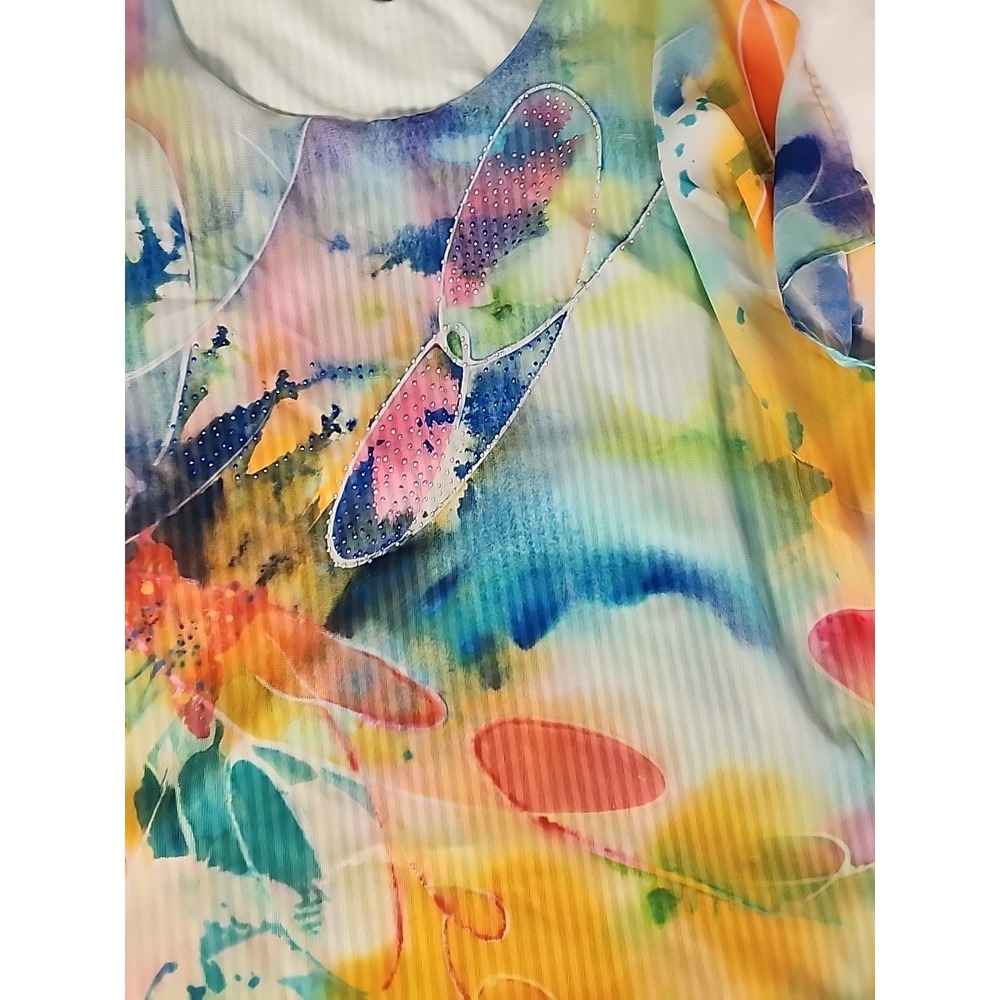 Dawn Davis Women's Large Watercolor Sleeveless Blouse Art-2-Wear Butterfly Bling - Picture 3 of 9